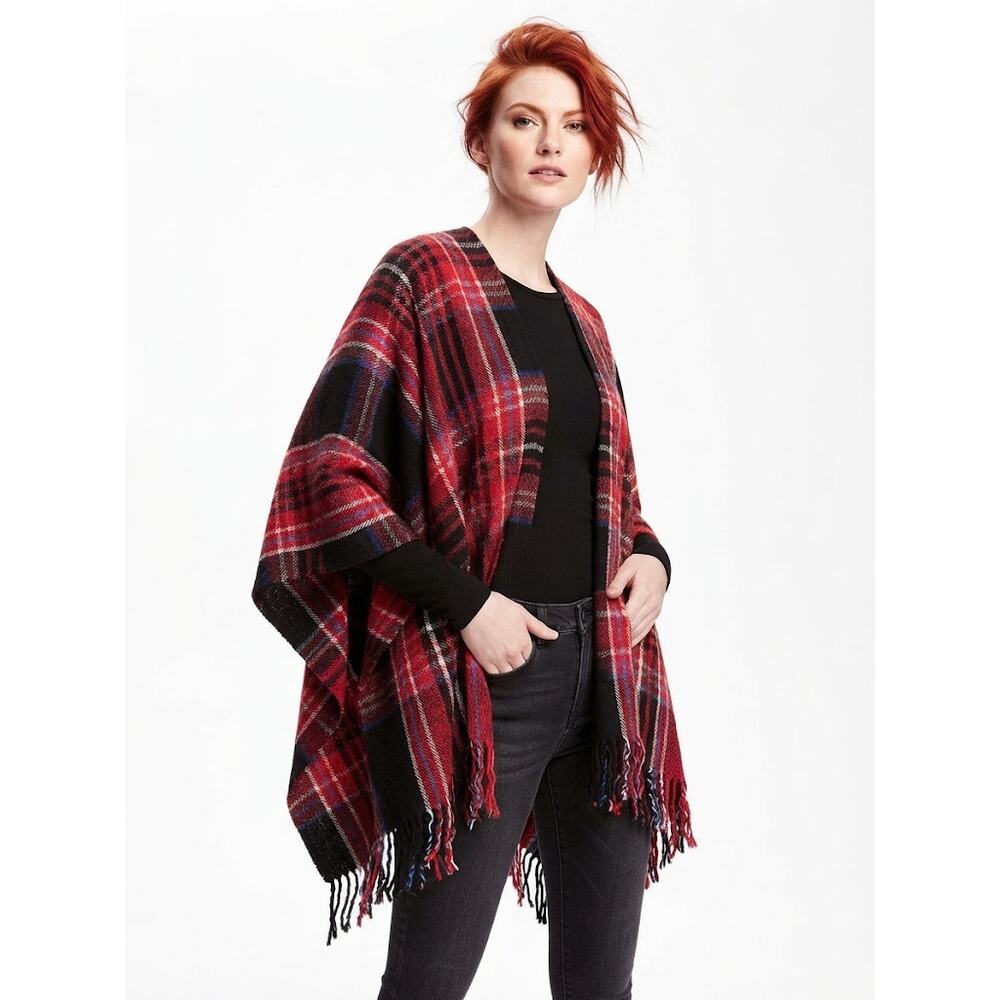 Womens Plaid Open Front Knit Cape Wrap Poncho Shawl With Fringe OS